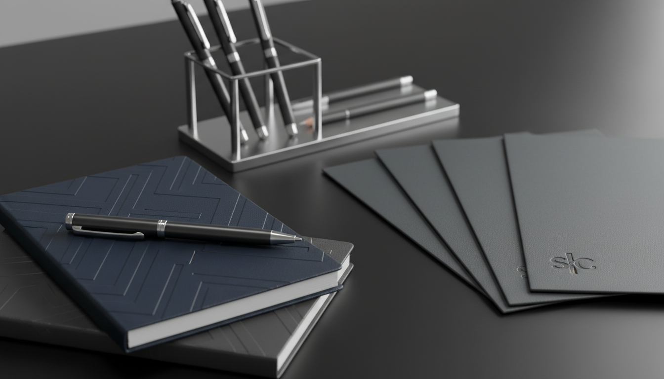 A close-up, high-detail image of premium branded office supplies: embossed leather-bound notebooks in deep navy and gray, chrome-accented pens resting atop polished metal desk organizers, and tailored folders with subtle debossed company insignias. The backdrop is an elegant matte black tabletop, illuminated by diffused overhead LED lighting that highlights the textures and metallic finishes, creating a sense of sophistication. The composition uses shallow depth of field, with the front notebook and pen in crisp focus, gently fading towards the background. The mood is refined and aspirational, embodying the meticulous approach of a leading staffing consulting firm, rendered in a clean, modern, photographic style.