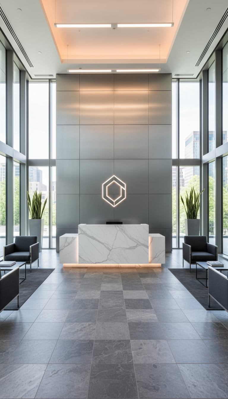 A sophisticated, glass-encased office building lobby featuring a sleek, illuminated reception desk made of polished white marble with subtle gray veining. Behind the desk, a brushed steel wall panel displays an abstract company logo, artistically backlit in cool white. The environment is bright and airy, thanks to expansive floor-to-ceiling windows allowing soft natural daylight to cascade across elegantly textured stone tile flooring and minimalist furnishings in muted slate and charcoal tones. The lighting emphasizes a professional, welcoming mood, with a calm and modern atmosphere. This photographic-realistic scene is captured from an eye-level angle, showcasing clean lines and precise symmetry, reflecting the firm's commitment to quality staffing consulting.